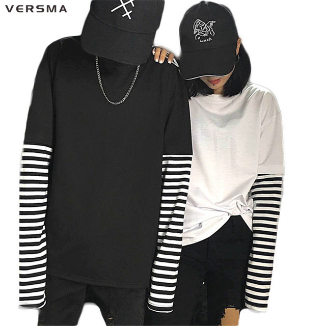 Męska koszulka VERSMA 2017 koreańskiego stylu w czarno-białe paski Hip Hop z długim rękawem - tanie ubrania i akcesoria