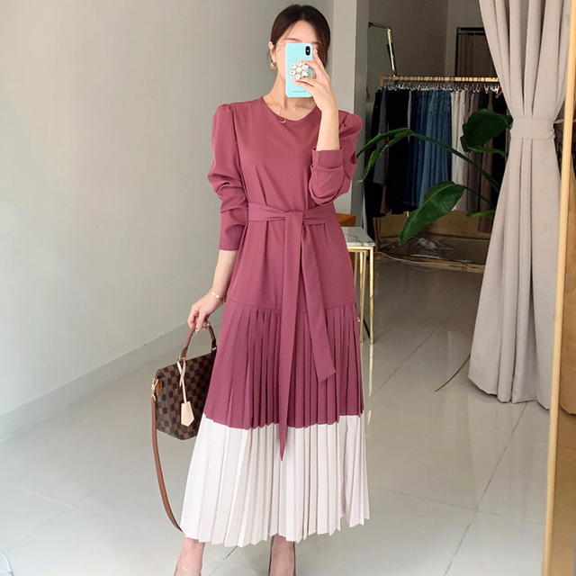 Suknia Damska 2021 Nowa Koreańska Moda Elegancka o Dekolcie O, Luźna Sukienka z Wiązaną Talią, Kontrastująca Krój Kolorowe Marszczenia Długie Sukienki Vestidos - tanie ubrania i akcesoria