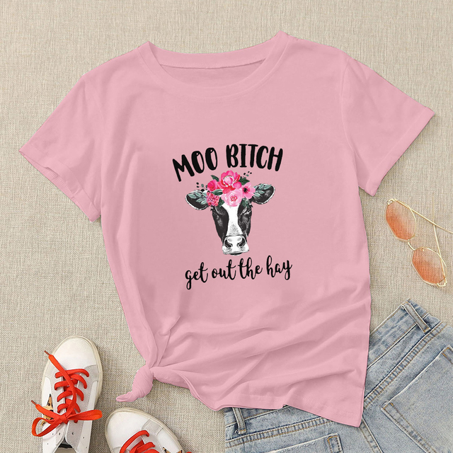 Damska koszulka z krótkim rękawem z nadrukiem krowa Frances Bulldogs Top Cowcow – personalizowany styl, idealna na co dzień - tanie ubrania i akcesoria