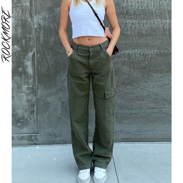 Dżinsy damskie Rockmore Vintage zielone, workowate, kieszenie cargo, szerokie nogawki, streetwear, niska talia, proste nogawki 2021 - tanie ubrania i akcesoria