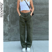 Dżinsy damskie Rockmore Vintage zielone, workowate, kieszenie cargo, szerokie nogawki, streetwear, niska talia, proste nogawki 2021