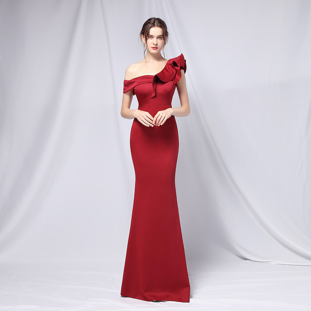 Jednoramienna sukienka wieczorowa długa 2021 dla kobiet - elegancki satynowy zamek powrót - Vestidos Robe de soirée - tanie ubrania i akcesoria