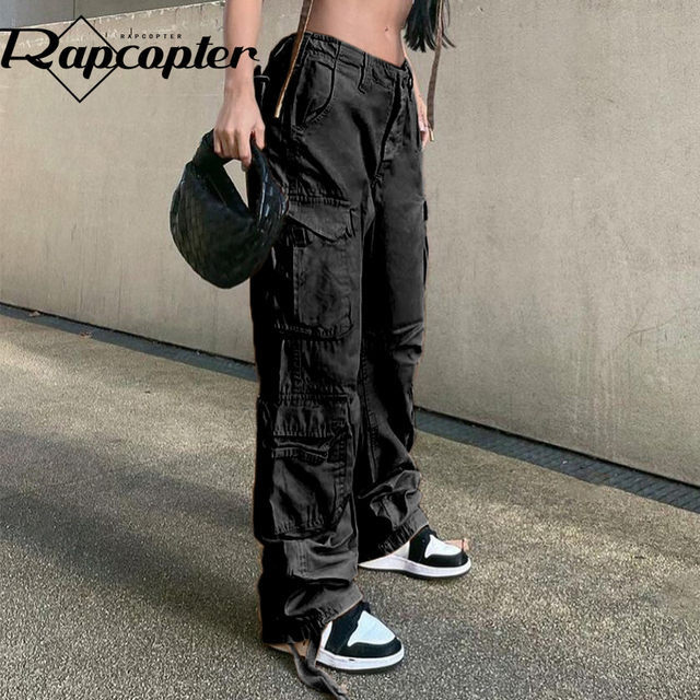 Spodnie dżinsowe Rapcopter y2k Vintage Cargo Baggy - kobiety, styl streetwear, modna dżinsowa poświata 90s - tanie ubrania i akcesoria