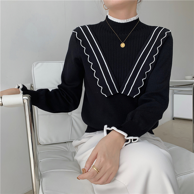 Kobiecy sweter z dzianiny o dekolcie typu Mock Neck z falbanami na rękawach - moda na jesień 2021 - tanie ubrania i akcesoria