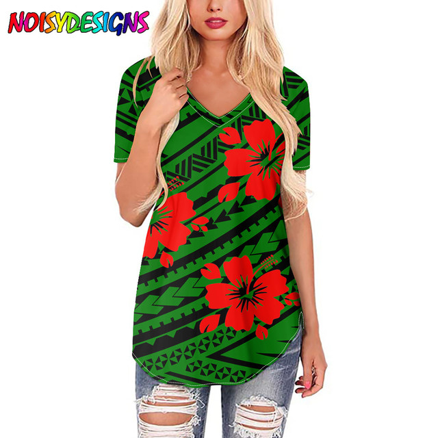 Koszulka damska NOISYDESIGNS z nadrukiem hawajskiego hibiskusa w stylu polinezyjskim, krótki rękaw - Top Mujer koszulka T-Shirt - tanie ubrania i akcesoria