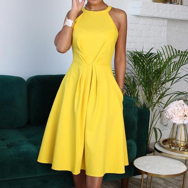 Żółta elegancka damskie sukienka bez rękawów z ozdobnym marszczeniem OMSJ - tanie ubrania i akcesoria