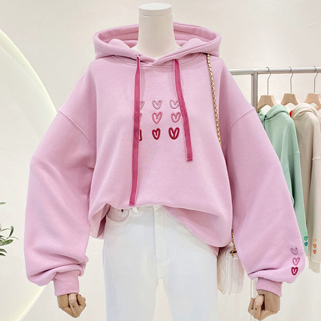 Słodka różowa bluza z kapturem haftowana dla kobiet w stylu koreańskiej mody - zimowe ubranie w stylu Harajuku dla nastolatek - tanie ubrania i akcesoria
