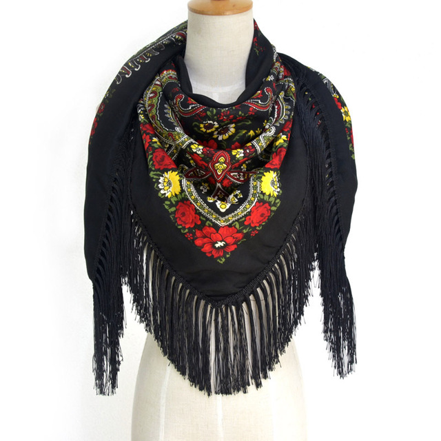 Duży damski szalik jesienno-zimowy w stylu narodowym z rosyjskim nadrukiem kwiatowym i frędzlami - tanie ubrania i akcesoria
