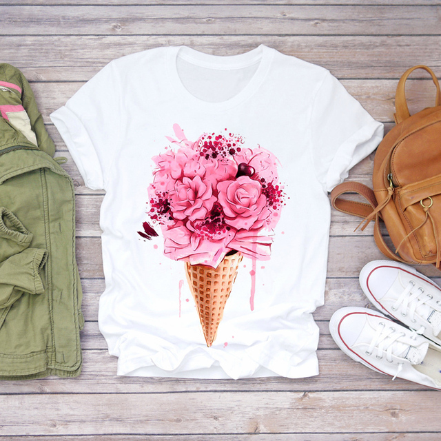 Koszulka damska letnia z krótkim rękawem - wzór kwiatowy lody, trójnik graficzny - tanie ubrania i akcesoria