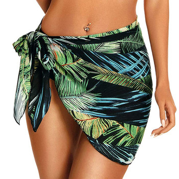 Pareo z pokryciem dla kobiet, spódnica plażowa z nadrukiem liści, sznurowana sukienka szyfonowa do bikini