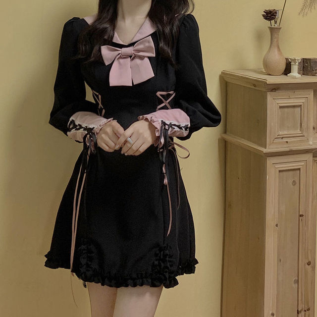 Sukienka damsko-dziewczęca w stylu Gothic Kawaii z wzburzającym czarnym bandażem, inspirująca się stylem Grunge i bajkami Harajuku, miękka i wygodna, w stylu księżniczki, mini sukienka na jesień 2021 w stylu Goth Emo - tanie ubrania i akcesoria