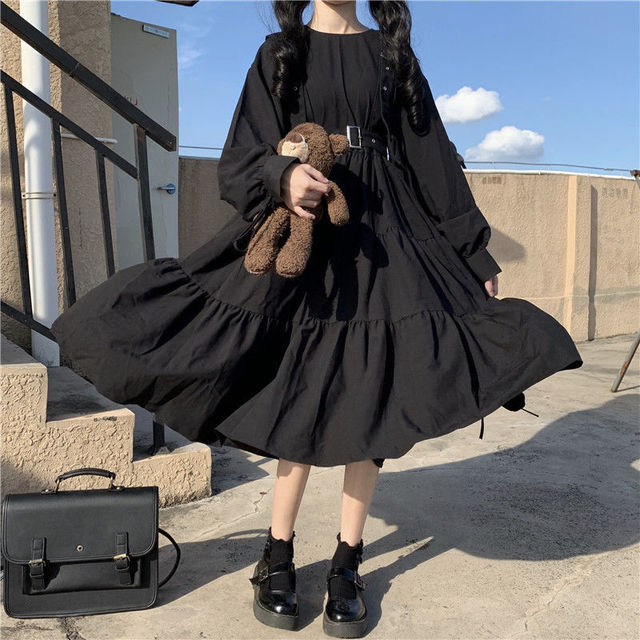 Japońska sukienka w gotyckim stylu Harajuku Lolita Goth Kawaii z długim rękawem MIDI - czarna sukienka Vestidos Mujer - tanie ubrania i akcesoria