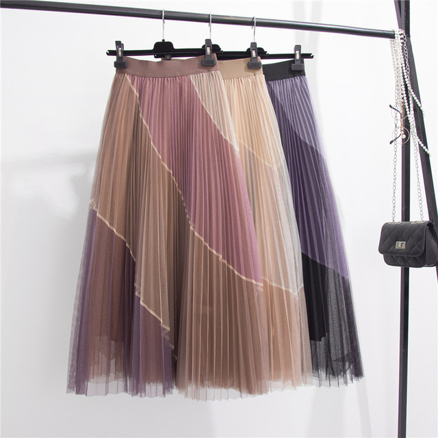 Kobieca spódnica plisowana długa z siatką - patchworkowy wzór, kontrastowe kolory, wysoki stan, 3/4 długości - tanie ubrania i akcesoria
