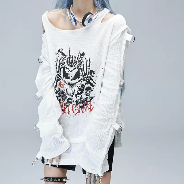 T-shirt Damski Goth Anime Patchwork z Czaszką - Estetyka Gothic Harajuku Punk, Grafika Letnia, Styl Dark Fantasy - tanie ubrania i akcesoria