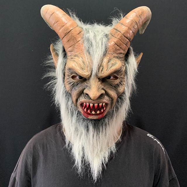 Lateksowa maska Lucyfera - kostium na Halloween, straszny demon-diabeł, idealna na filmy cosplay, z rogami - dla dorosłych - tanie ubrania i akcesoria