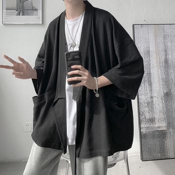 Męska koszula-kurtka w stylu japońskim samuraj motyl kimono, 3/4 rękaw, lekka letnia odzież retro casual, luźny fason, nowa kolekcja 2021 Q856