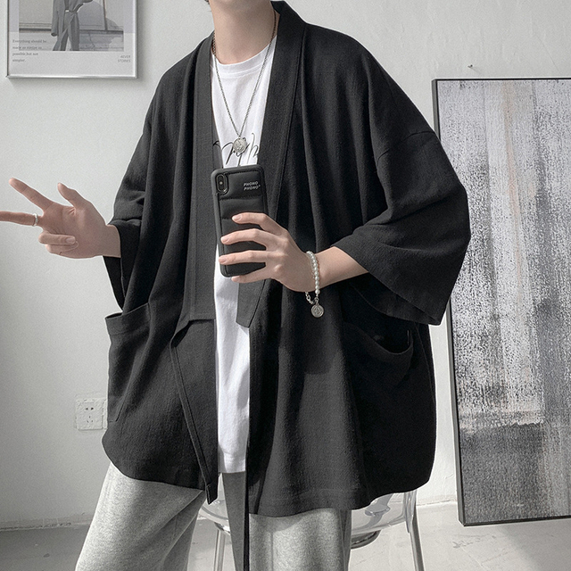 Męska koszula-kurtka w stylu japońskim samuraj motyl kimono, 3/4 rękaw, lekka letnia odzież retro casual, luźny fason, nowa kolekcja 2021 Q856 - tanie ubrania i akcesoria