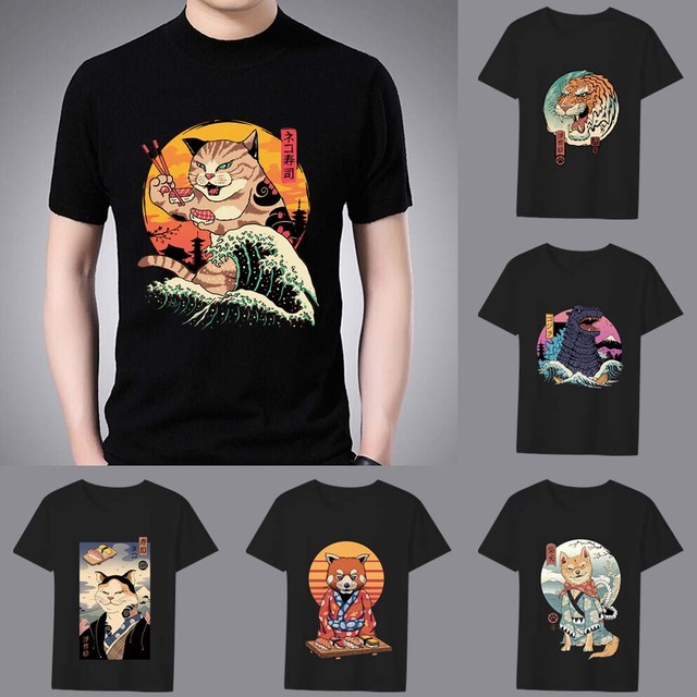 Męska koszulka z nadrukiem Anime Genki kot, krótki rękaw - tanie ubrania i akcesoria