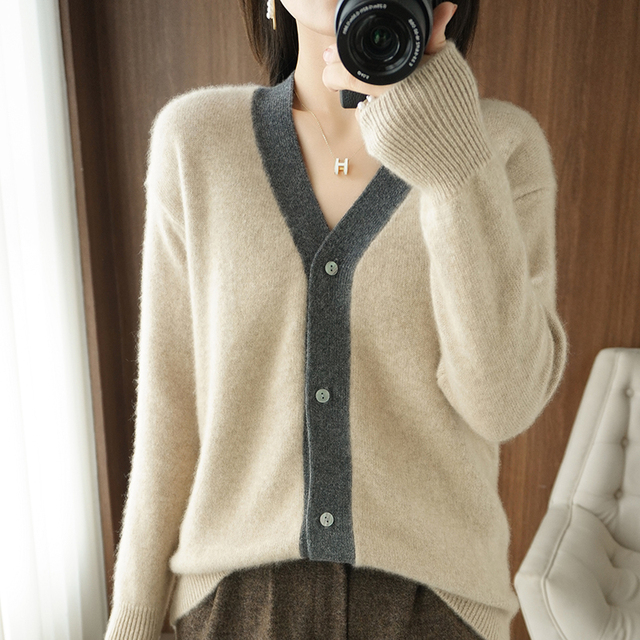 Sweter rozpinany damski ze szpiczastym dekoltem w stylu Casual, jesień/zima 2021, kolorowe kontrasty, plus rozmiar - tanie ubrania i akcesoria
