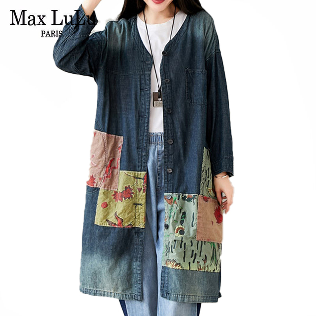 Max LuLu 2021 - Vintage Patchwork Damski Płaszcz Jeansowy Jesień w Koreańskim Stylu - Długie Ubranie Harajuku - tanie ubrania i akcesoria