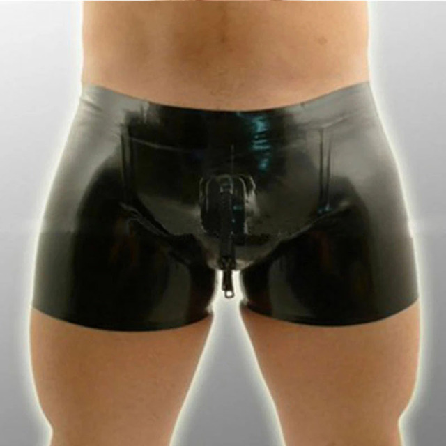 Czarne lateksowe gumowe slipy męskie z zamkiem błyskawicznym w kroczu - Ręcznie robione bokserki - tanie ubrania i akcesoria