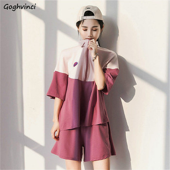 Modny zestaw damski z haftem, wysokie do talii elastyczne szorty i top zip patchwork w stylu koreańskim