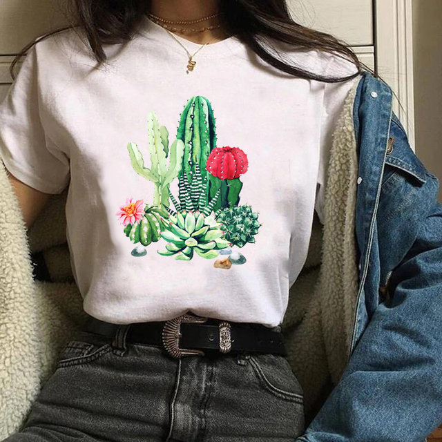 Damska koszulka z nadrukiem kwiatowego kaktusa - streetwear, wzór roślinny z lat 90., piękny top w trendzie, odzież T-shirt damski - tanie ubrania i akcesoria