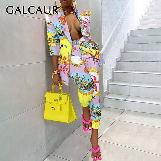 Garnitur damski GALCAUR Leopard Sexy - dwuczęściowy zestaw z ząbkowanym, długim rękawem i spodniami z elastycznym paskiem, w stylu Colorblock (2021) - tanie ubrania i akcesoria