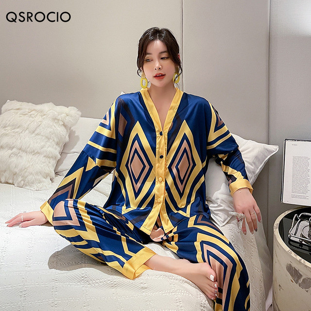 Nowa damsko piżama QSROCIO - Supermodny, luksusowy zestaw z dużym rombem. Materiał podobny do jedwabiu. Domowy strój codzienny - tanie ubrania i akcesoria