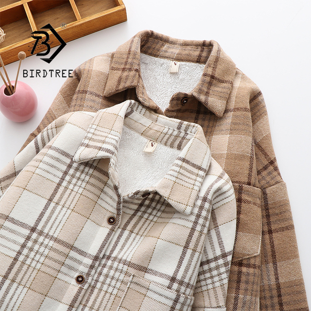 Gruba aksamitna koszula w szkocką kratę - nowa kurtka C17001X damska zimowa - ciepła i stylowa - tanie ubrania i akcesoria