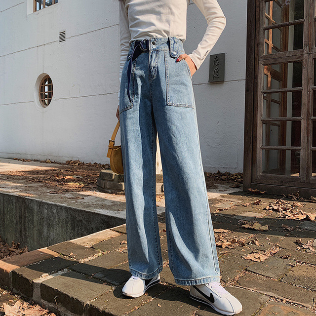 Dżinsy damskie CGC 2021 Streetwear moda - wysoka talia, proste nogawki, luźny fason, szerokie nogawki, bawełniane (Harajuku) - tanie ubrania i akcesoria