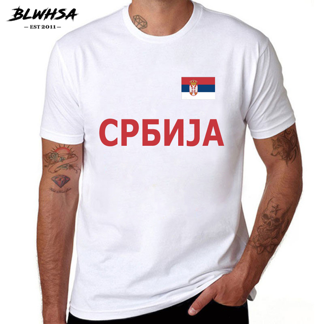 Koszulka męska Serbia - biała, letnia, 100% bawełny, z flagą - tanie ubrania i akcesoria