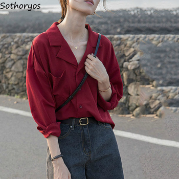 Kobiece bluzki szyfon ścięty prosta w jednolitym kolorze długim rękawem