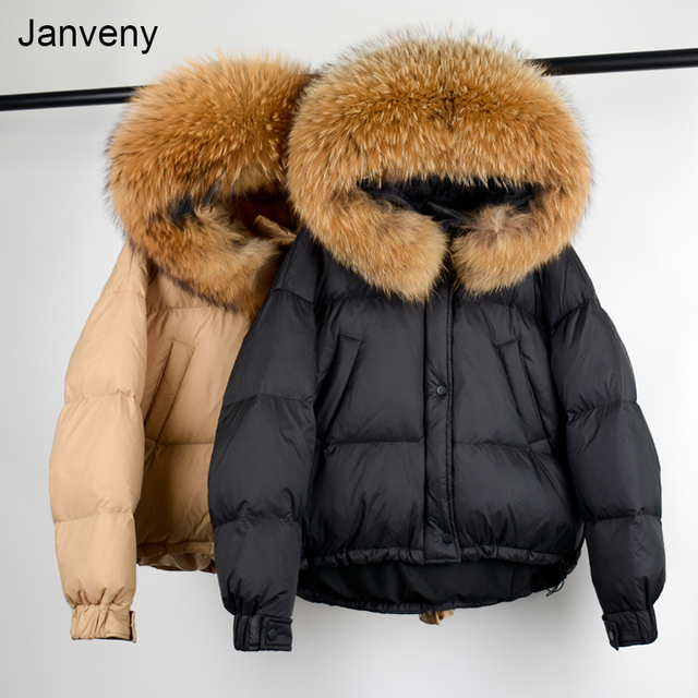 Puchowy płaszcz Janveny z futrem i kapturem dla kobiet - biały, krótki, gruby i ciepły - tanie ubrania i akcesoria