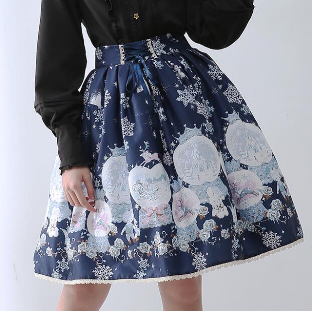 Spódnica Lolita SK Snowflake Print - kolor granatowy - damska suknia balowa - wysokiej jakości - tanie ubrania i akcesoria