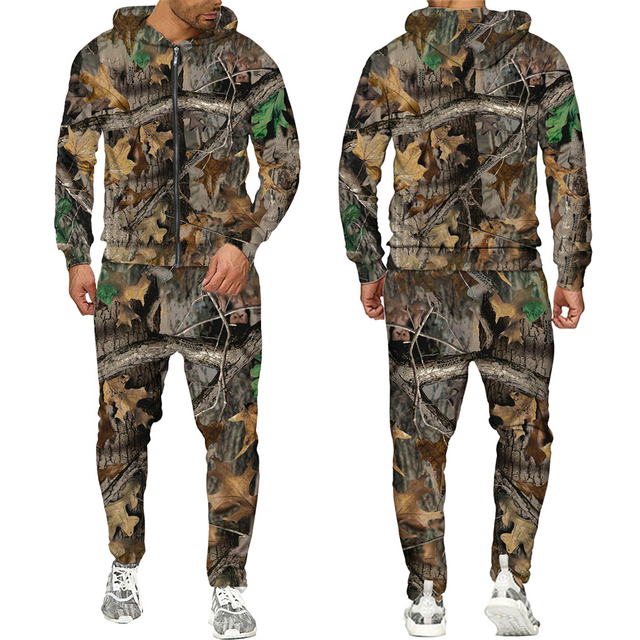 Zestaw dresów męskich w kamuflaż z liśćmi klonu 3D, idealny na jesień i zimę - tanie ubrania i akcesoria
