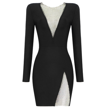 2021 Nowe przybycie - dopasowana sukienka czarna z długim rękawem O Neck, frezowanie Sexy - klubowa impreza Celebrytka - elegancka sukienka dla kobiet