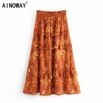 Boho spódnica Maxi-line z falbanami i kwiatowym printem, Vintage Chic