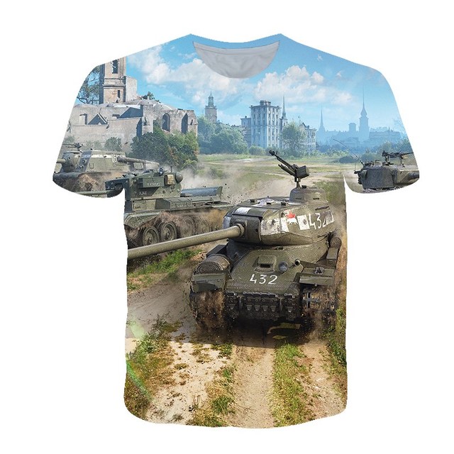 Letnia koszulka męska z graficznym wydrukiem czołgów 3D O-Neck T-shirt - luźna i oddychająca - tanie ubrania i akcesoria