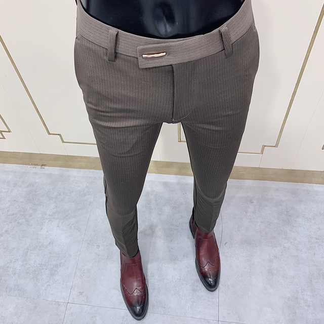 Męskie spodnie koreańskie Slim Fit w paski, wysokiej jakości garniturowe, eleganckie formalne biurowe i imprezowe spodnie - tanie ubrania i akcesoria