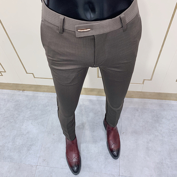 Męskie spodnie koreańskie Slim Fit w paski, wysokiej jakości garniturowe, eleganckie formalne biurowe i imprezowe spodnie