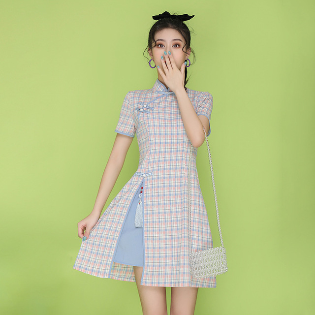 Sukienka Retro w kratę z krótkim rękawem Chińska stylowa Cheongsam Qipao - tanie ubrania i akcesoria