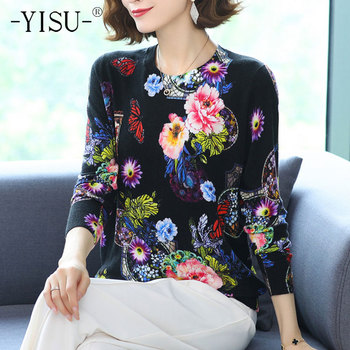 Sweter jesienno-ozdobny dla kobiet YISU O-Neck z nadrukiem róż w luźnym stylu Casual z długim rękawem