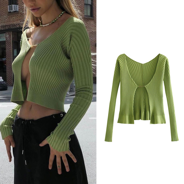Sweter zielony TRAF Avocado 2021 - krótki, rozpinany, jednokolorowy, dzianinowy top dla kobiet z guzikami - tanie ubrania i akcesoria