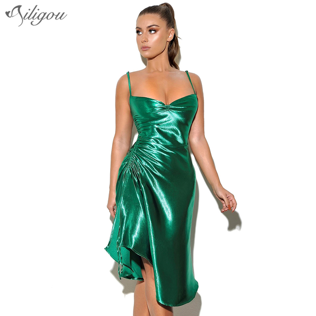 Asymetryczna sukienka zielone złoto satynowa Ailigou Midi Sling - letnia, elegancka, plisowana sukienka na lato dla kobiet - tanie ubrania i akcesoria