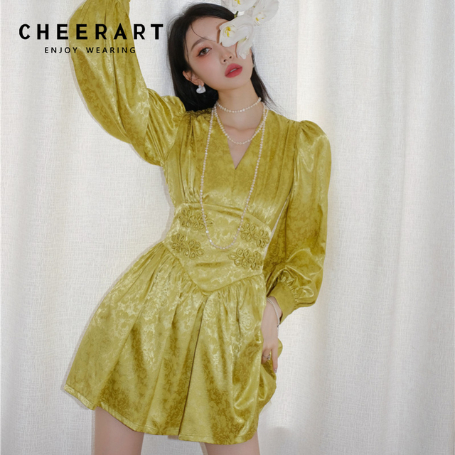 Złota vintage sukienka CHEERART z żakardowymi bufiastymi rękawami i długim rękawem V-Neck latarnia jesień 2021 - tanie ubrania i akcesoria