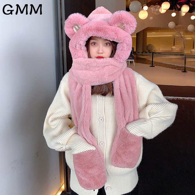 Śliczna czapka zimowa dla dziewczyny z pluszowym niedźwiedziem i ciepłym szalikiem-rękawiczkami - tanie ubrania i akcesoria