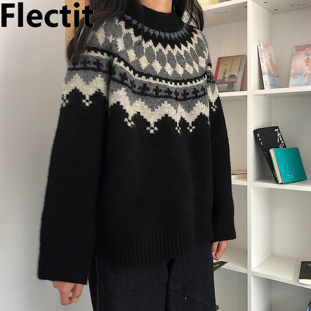 Sweter Flectit Fair Isle damski z długim rękawem i kołnierzem typu Mock Neck - przytulna dzianina na jesień i zimę * - tanie ubrania i akcesoria