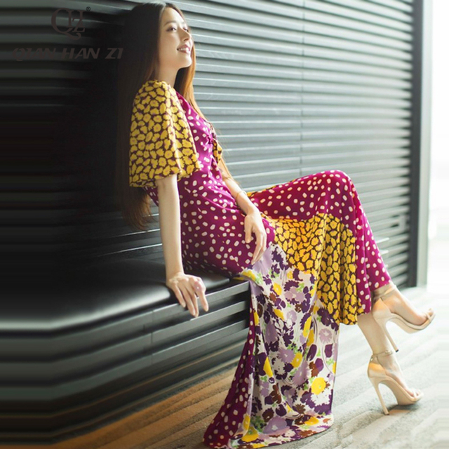Nowa letnia sukienka na wybieg Qian Han Zi 2021, rękaw typu lotos, wzór druku łączący się w jedną całość, modny design, maxi dla szczupłych kobiet - tanie ubrania i akcesoria