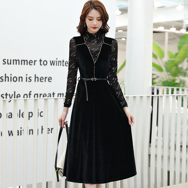 Sukienka z długim rękawem LUKAXSIKAX 2020 - nowa kolekcja wiosna/jesień, wysoka jakość, imitacja aksamitu, kolor czarny - tanie ubrania i akcesoria